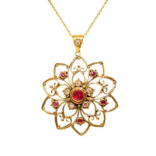 SOLD, Intricate Gold Mandala Pendant with Rubies and Diamonds Set in 22ct Gold  -P46