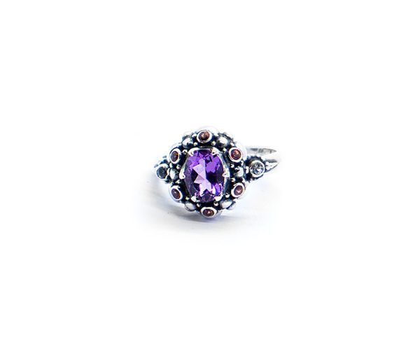 Amethyst seaflower ring with orange sapphire, aquamarine and rodalite garnet set in sterling silver DHB299