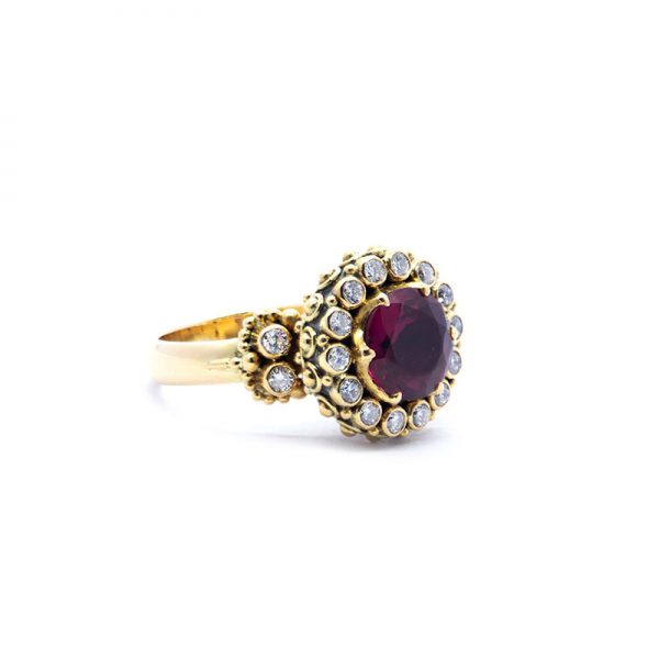 Rubellite Tourmaline Chalice ring with Diamonds set in Gold  s745