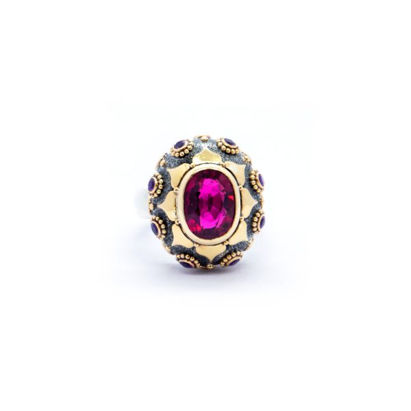 Pink Tourmaline and Amethyst Lotus ring -SB45