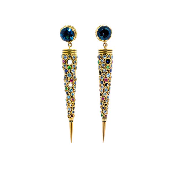 Blue Topaz cone earrings with multi gemstones set in Gold-SB68 - Image 2