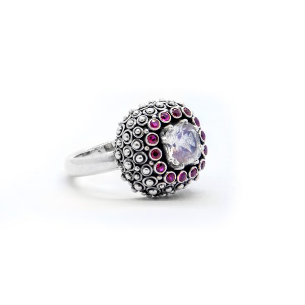 Rainbow Moonstone Mystic ring with Rubies, Sterling Silver-Bn226