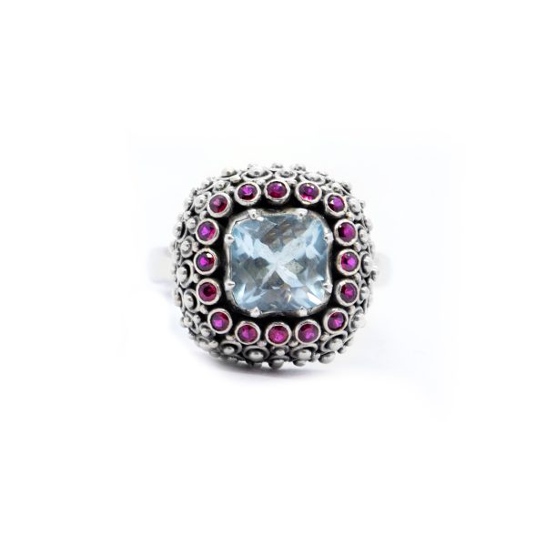 Blue topaz Mystic ring with Rubies, Sterling Silver -Bn227