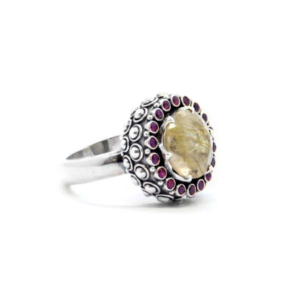 Rutile Quartz Chalice ring with Rubies, Sterling silver -BN228