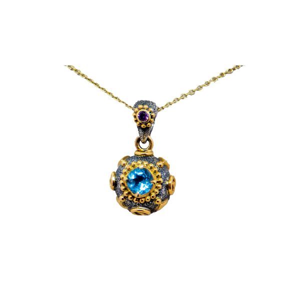 Blue Topaz Juno pendant with amethyst set in 22ct Gold -Bn237