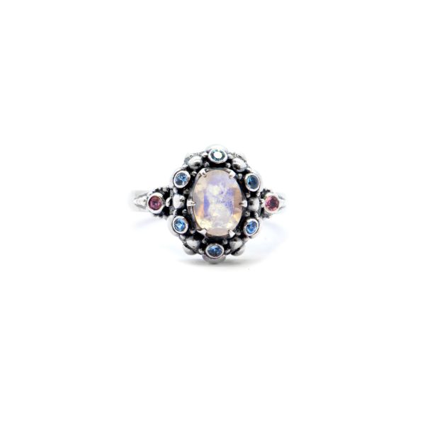 Rainbow moonstone Seaflower ring with aquamarines, sterling silver-Dhb288 - Image 2