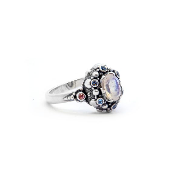 Rainbow moonstone Seaflower ring with aquamarines, sterling silver-Dhb288